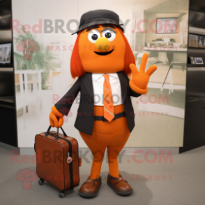 Orange Attorney mascot costume character dressed with a A-Line Skirt and Backpacks