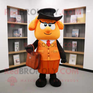Orange Attorney mascot costume character dressed with a A-Line Skirt and Backpacks