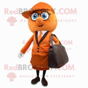 Orange Attorney mascot costume character dressed with a A-Line Skirt and Backpacks