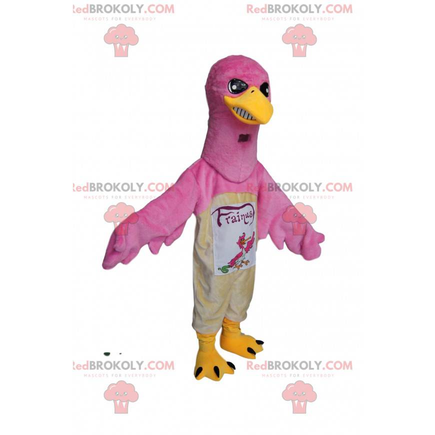 Mascota águila rosada de mirada intensa. Disfraz de águila