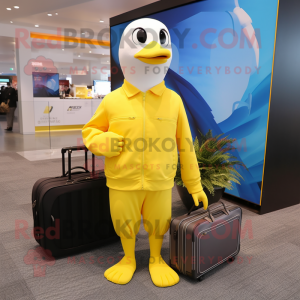 Lemon Yellow Gull mascot costume character dressed with a Sweatshirt and Briefcases