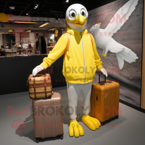 Lemon Yellow Gull mascot costume character dressed with a Sweatshirt and Briefcases