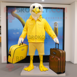 Lemon Yellow Gull mascot costume character dressed with a Sweatshirt and Briefcases