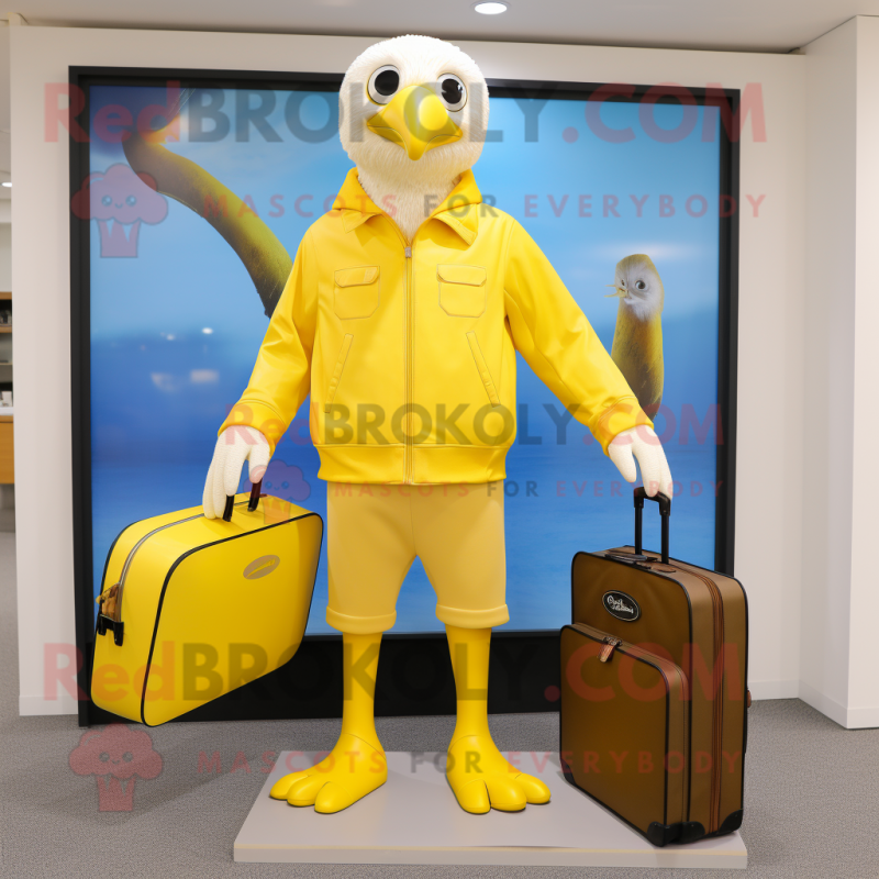 Lemon Yellow Gull mascot costume character dressed with a Sweatshirt and Briefcases