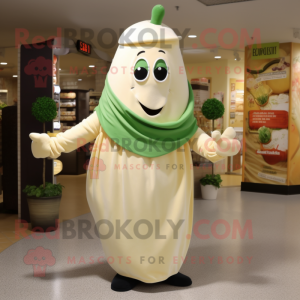 Cream Zucchini mascot costume character dressed with a Wrap Dress and Gloves