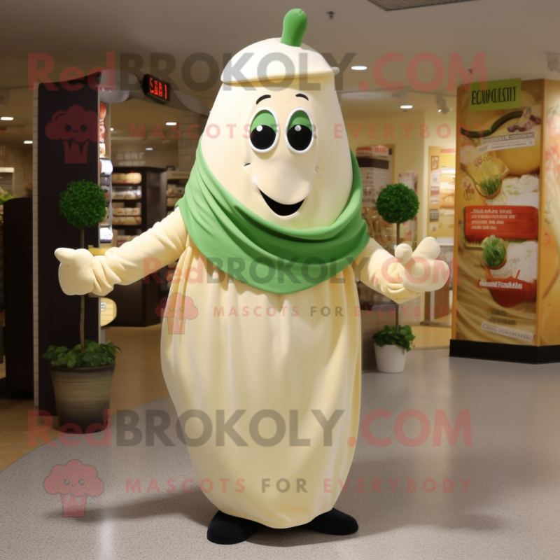 Cream Zucchini mascot costume character dressed with a Wrap Dress and Gloves