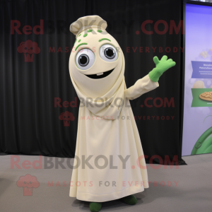 Cream Zucchini mascot costume character dressed with a Wrap Dress and Gloves