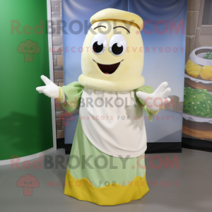 Cream Zucchini mascot costume character dressed with a Wrap Dress and Gloves