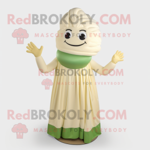 Cream Zucchini mascot costume character dressed with a Wrap Dress and Gloves