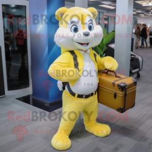 Lemon Yellow Skunk mascot costume character dressed with a Jeans and Briefcases