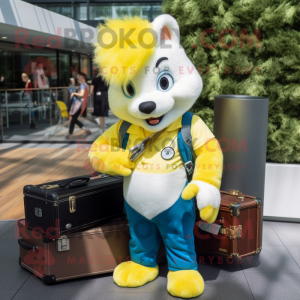 Lemon Yellow Skunk mascot costume character dressed with a Jeans and Briefcases