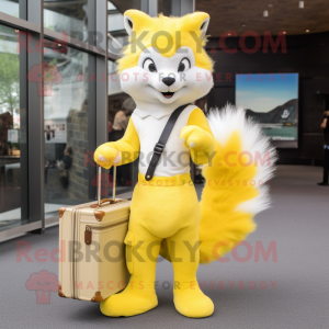 Lemon Yellow Skunk mascot costume character dressed with a Jeans and Briefcases