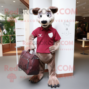 Maroon Thylacosmilus mascot costume character dressed with a Polo Shirt and Handbags