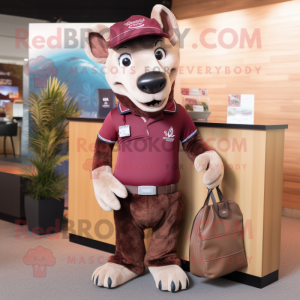 Maroon Thylacosmilus mascot costume character dressed with a Polo Shirt and Handbags