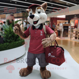 Maroon Thylacosmilus mascot costume character dressed with a Polo Shirt and Handbags