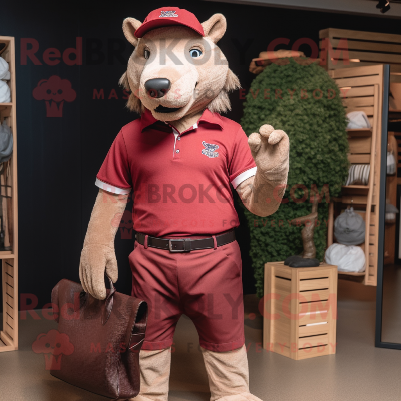 Maroon Thylacosmilus mascot costume character dressed with a Polo Shirt and Handbags Maroon Thylacosmilus mascot costume character dressed with a Polo Shirt and Handbags
