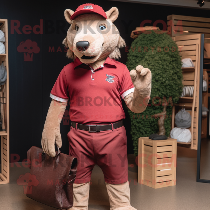 Maroon Thylacosmilus mascot costume character dressed with a Polo Shirt and Handbags