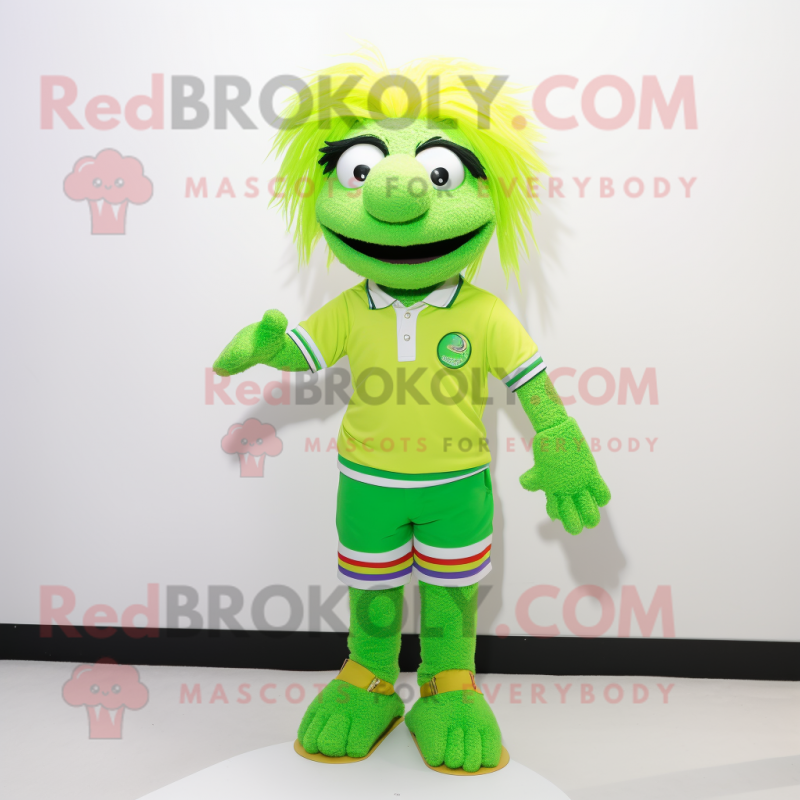 Lime Green Alliance mascot costume character dressed with a Polo Shirt and Hair clips