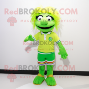 Lime Green Alliance mascot costume character dressed with a Polo Shirt and Hair clips
