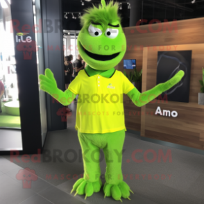 Lime Green Alliance mascot costume character dressed with a Polo Shirt and Hair clips