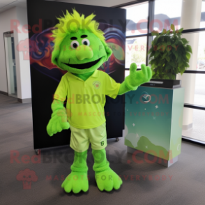 Lime Green Alliance mascot costume character dressed with a Polo Shirt and Hair clips