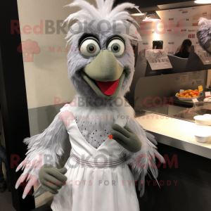 Silver Tandoori Chicken mascot costume character dressed with a Dress Shirt and Hair clips