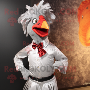 Silver Tandoori Chicken mascot costume character dressed with a Dress Shirt and Hair clips