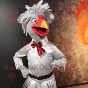 Silver Tandoori Chicken mascot costume character dressed with a Dress Shirt and Hair clips