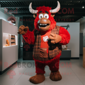 Red Minotaur mascot costume character dressed with a Flannel Shirt and Coin purses