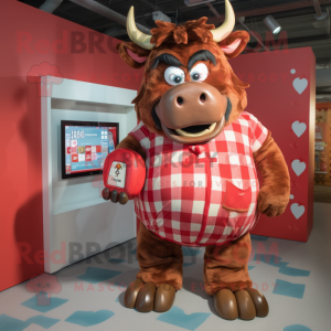 Red Minotaur mascot costume character dressed with a Flannel Shirt and Coin purses