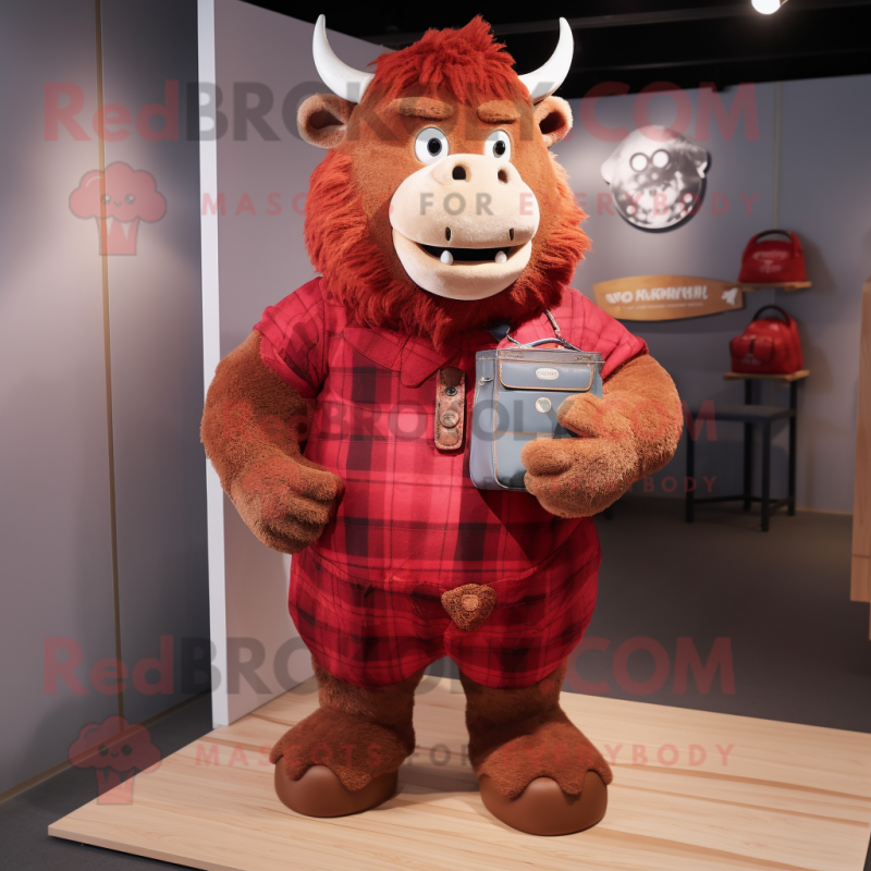 Red Minotaur mascot costume character dressed with a Flannel Shirt and Coin purses Red Minotaur mascot costume character dressed with a Flannel Shirt and Coin purses
