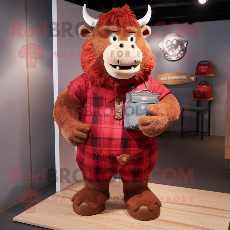 Red Minotaur mascot costume character dressed with a Flannel Shirt and Coin purses