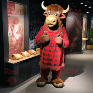 Red Minotaur mascot costume character dressed with a Flannel Shirt and Coin purses