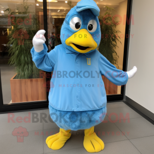 Sky Blue Hens mascot costume character dressed with a Windbreaker and Lapel pins