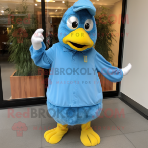 Sky Blue Hens mascot costume character dressed with a Windbreaker and Lapel pins