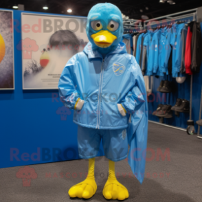 Sky Blue Hens mascot costume character dressed with a Windbreaker and Lapel pins