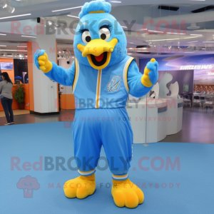 Sky Blue Hens mascot costume character dressed with a Windbreaker and Lapel pins