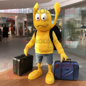 Lemon Yellow Lobster mascot costume character dressed with a Sweatshirt and Briefcases