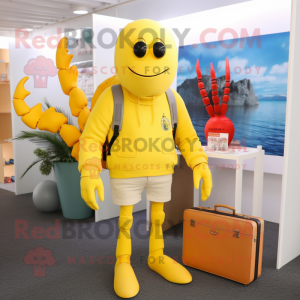 Lemon Yellow Lobster mascot costume character dressed with a Sweatshirt and Briefcases
