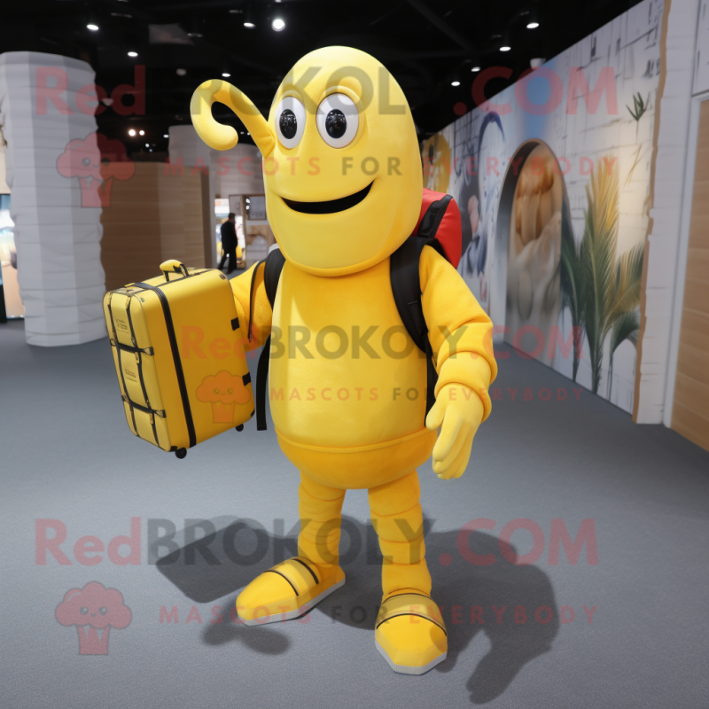 Lemon Yellow Lobster mascot costume character dressed with a Sweatshirt and Briefcases Lemon Yellow Lobster mascot costume character dressed with a Sweatshirt and Briefcases