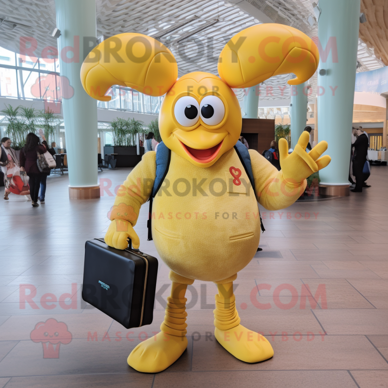 Lemon Yellow Lobster mascot costume character dressed with a Sweatshirt and Briefcases