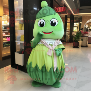 Green Dim Sum mascot costume character dressed with a Maxi Dress and Backpacks