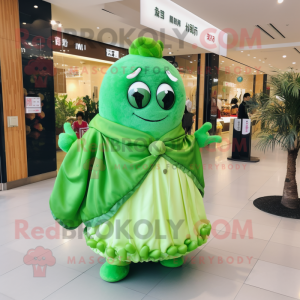 Green Dim Sum mascot costume character dressed with a Maxi Dress and Backpacks