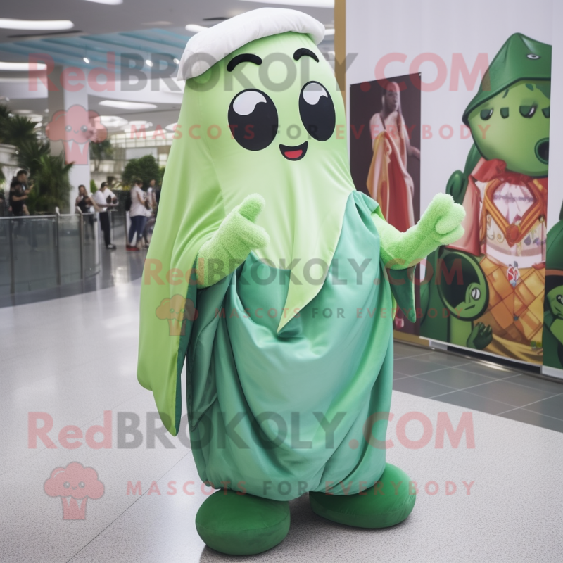 Green Dim Sum mascot costume character dressed with a Maxi Dress and Backpacks Green Dim Sum mascot costume character dressed with a Maxi Dress and Backpacks