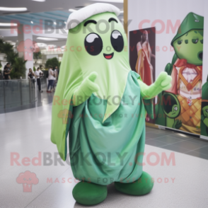 Green Dim Sum mascot costume character dressed with a Maxi Dress and Backpacks