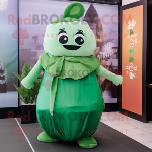 Green Dim Sum mascot costume character dressed with a Maxi Dress and Backpacks