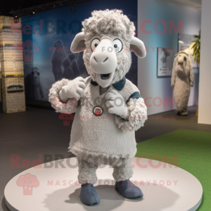 Silver Sheep mascot costume character dressed with a Button-Up Shirt and Foot pads