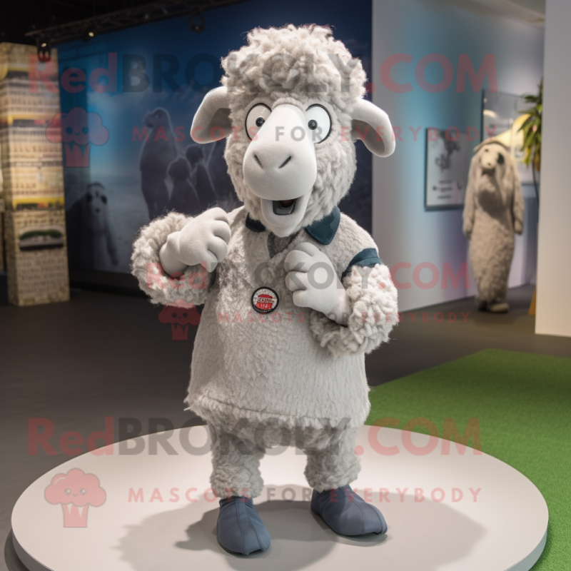 Silver Sheep mascot costume character dressed with a Button-Up Shirt and Foot pads