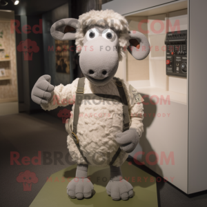 Silver Sheep mascot costume character dressed with a Button-Up Shirt and Foot pads
