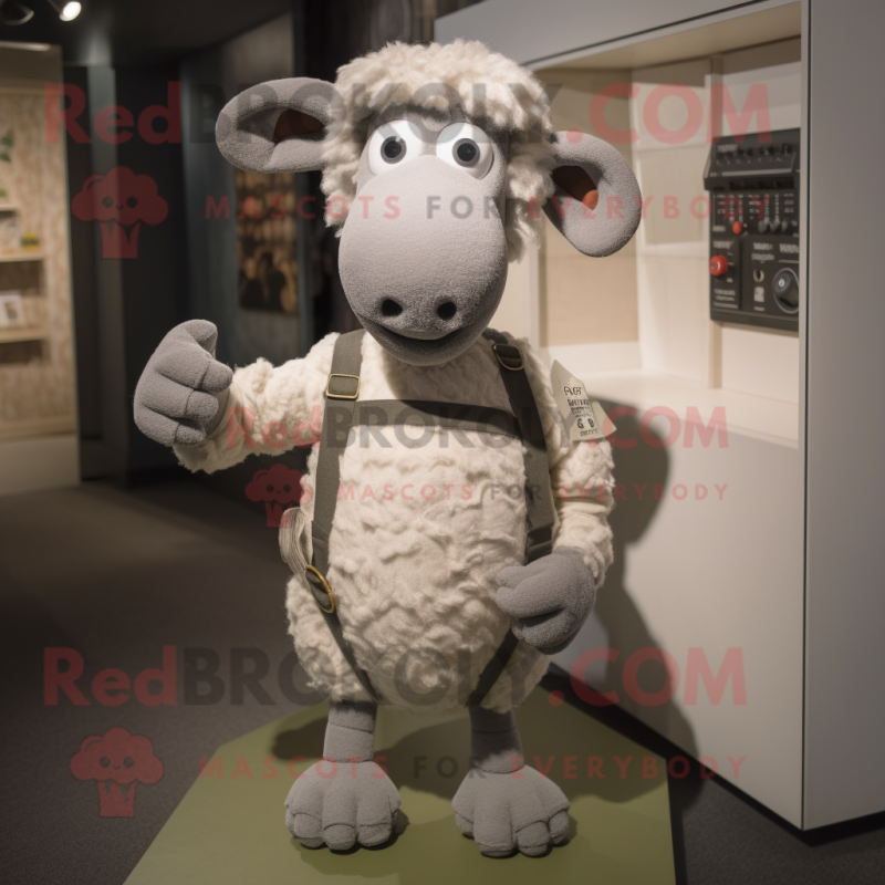 Silver Sheep mascot costume character dressed with a Button-Up Shirt and Foot pads